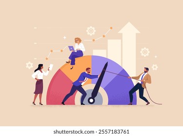 Employee Skills Performance concept. Vector cartoon illustration of group of diverse people working in front of a meter and increasing its readings. Isolated on background.