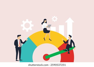 Employee Skills Performance concept. Vector cartoon illustration of a group of diverse people working in front of a meter and increasing its readings. Isolated on background.