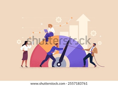 Employee Skills Performance concept. Vector cartoon illustration of group of diverse people working in front of a meter and increasing its readings. Isolated on background.