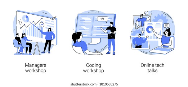 Employee Skills Training Abstract Concept Vector Illustration Set. Managers And Coding Workshops, Online Tech Talks, Write Code, Software Development, Presentation, Web Session Abstract Metaphor.