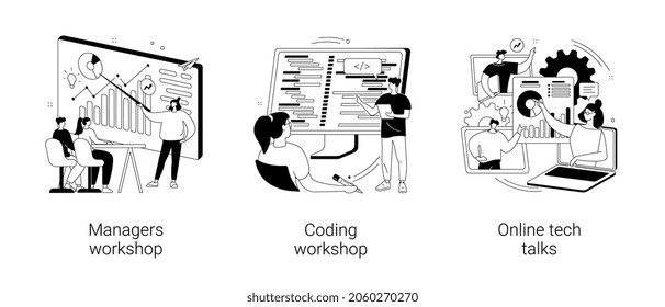 Employee skills training abstract concept vector illustration set. Managers and coding workshops, online tech talks, write code, software development, presentation, web session abstract metaphor.