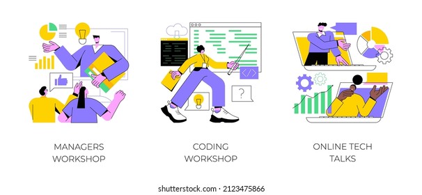 Employee skills training abstract concept vector illustration set. Managers and coding workshops, online tech talks, write code, software development, presentation, web session abstract metaphor.