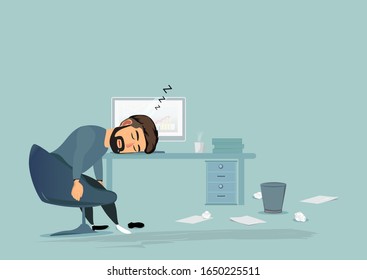 employee sleeping legs up on the table at work desk in the office. vector illustrations.