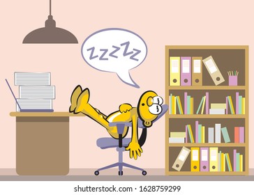 Employee sleeping soundly in the office, lying on his chair. Conceptual image about work overload and work fatigue. Vector illustration in cartoon style, available in EPS 10.