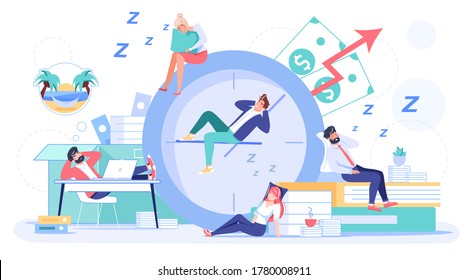 Employee Sleeping At Workplace. Overworked Man Woman Worker Falling Asleep On Alarm Clock, Office Desk Wasting Time Postponing Work. Businesspeople Taking Nap. Procrastination, Laziness