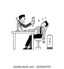 Employee sleeping at workplace. Vector head screams protruding from monitor. Causes employee stress. Burnout concept. Manager yelling in online. Doodle illustration characters.