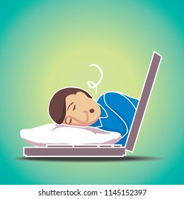 An employee sleeps in the workplace with a pillow. Vector illustration.