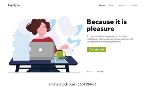 Employee smoking at workplace. Office woman practicing bad habit flat vector illustration. Unhealthy addiction, smoker, tobacco concept for banner, website design or landing web page