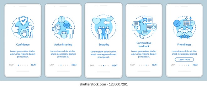 Employee soft qualities onboarding mobile app page screen vector template. Communication skills. Empathy, friendliness, confidence. walkthrough website steps. UX, UI, GUI smartphone interface concept