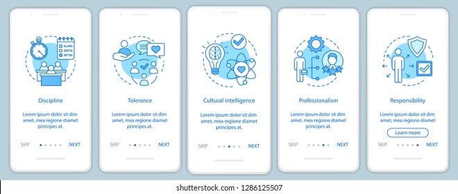 Employee soft skills onboarding mobile app page screen vector template. Baseline qualities, abilities walkthrough website steps. Responsibility, discipline, tolerance. UX, UI, GUI smartphone interface