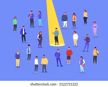 Employee in spotlight crowd. Recruiting success candidate, individual pick talented employees choose labor experience best job worker select businessman, vector illustration. Recruitment employment