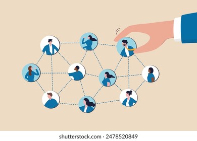 Employee or staff management, HR human resource, company people management, work connection, community or teamwork, recruitment concept, businessman HR put people on team or group connecting line.