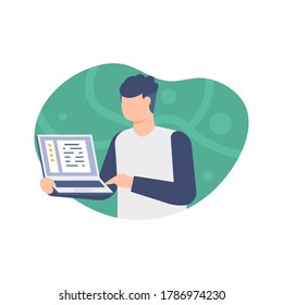 An employee staff member working on a laptop, file management concept. Illustration of a man holding a laptop, flat design. Can be used for landing pages, UI, websites elements