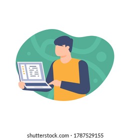 An employee staff member working on a laptop, file management concept. Illustration of a man holding a laptop, flat design. Can be used for landing pages, UI, websites elements