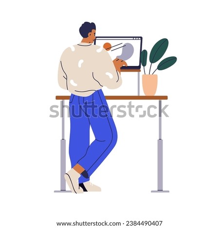 Employee at stand desk, comfortable workplace. Creative designer works at adjustable computer table. Digital artist at laptop, notebook PC. Flat vector illustration isolated on white background