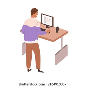 Empleado en posición de pie en mesa de oficina con altura ajustable. Persona trabajando en el ordenador de su escritorio, lugar de trabajo ergonómico cómodo. Ilustración vectorial plana aislada en fondo blanco