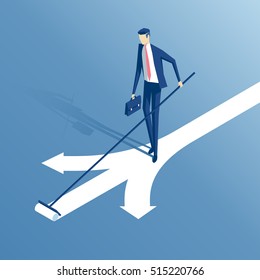 an employee stands at a crossroads and draws a new arrow is offered, a businessman chooses his own an option or a path isometric illustration, business concept choice and creativity