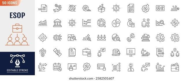 Employee Stock Ownership Plan (ESOP) line icons set. Editable stroke. Containing Employee, plan, ownership, stock, profit and more. Vector illustration