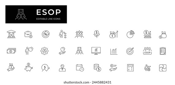 Employee Stock Ownership Plan Line Editable Icons set. Vector illustration in modern thin line style of business related icons: company, shares, benefits and pension savings. 