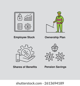Employee Stock Ownership Plan Line Editable Icons set. Vector illustration in modern thin line style of business related icons: company, shares, benefits and pension savings. Isolated on white