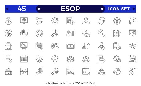 Employee stock ownership plan Outline icon collection. ESOP, benefits, company, shares, benefits, management, win-win, scheme, and ownership icon set. UI outline icon pack.
