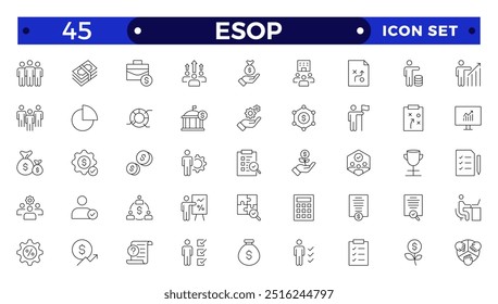 Employee stock ownership plan Outline icon collection. ESOP, benefits, company, shares, benefits, management, win-win, scheme, and ownership icon set. UI outline icon pack.
