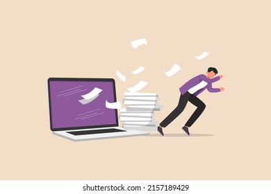 Employee is stressed because tasks pile up in front of the laptop. Stress in company. Flat vector illustration isolated.