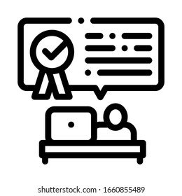 Employee Strives For Victory Icon Thin Line Vector. Employee Workplace With Laptop, Quote Frame Medal And Text Concept Linear Pictogram. Monochrome Outline Sign Isolated Contour Symbol Illustration