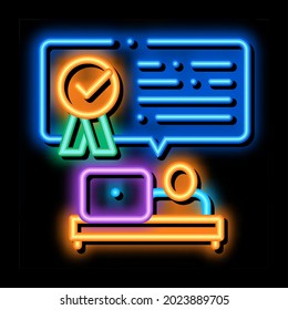 Employee Strives For Victory neon light sign vector. Glowing bright icon Employee Workplace With Laptop, Quote Frame Medal And Text sign. transparent symbol illustration