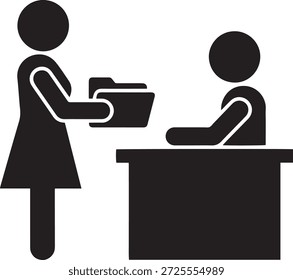 Mitarbeiter, der einen Bericht an das Manager-Symbol übermittelt. Sekretärin übergibt eine Mappe an den Chef am Schreibtisch. Office Administration Vektor Silhouette.