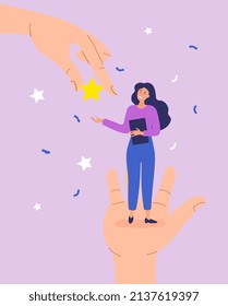 Employee Success Recognition. Character Award, Metaphor For Leadership And Effective Worker. Girl Given Star, Feedback And Rewards. Motivational Poster Or Banner. Cartoon Flat Vector Illustration