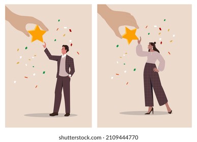 Employee success recognition concept. Set of entrepreneurs receiving award in form of star for their achievements. Encouraging better work. Cartoon flat vector collection isolated on white background