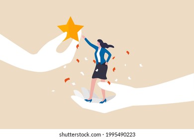 Employee success recognition, encourage and motivate best performance, cheering or honor on success or achievement concept, winning confidence businesswoman standing on big hand getting star reward.