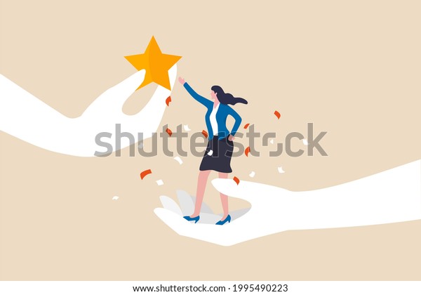 Employee success recognition, encourage and\
motivate best performance, cheering or honor on success or\
achievement concept, winning confidence businesswoman standing on\
big hand getting star\
reward.