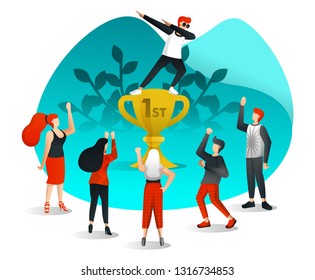 Employee Successfully Achieve Target, Celebrate by Standing in First Trophy and Appreciated by Colleagues. Flat Cartoon Style. Vector Illustration For Web Page, Element, Banner, Cover, Mobile Apps, UI