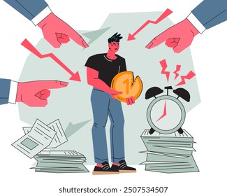 Los empleados sufren de estrés y depresión por exceso de trabajo, jefe tóxico y demasiadas responsabilidades. Esclavitud Corporativa y ambiente de trabajo tóxico, concepto de agotamiento laboral. Ilustración vectorial sobre blanco.