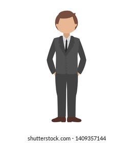 Employee in suit standing and keeping his hands in paints. Vector illustration.