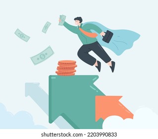 Employee In Superhero Robe With Money Flat Vector Illustration. Successful Man Flying, Achieving Financial Goals. Finance, Wealth, Development Concept For Banner, Website Design Or Landing Web Page