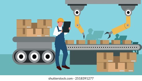 funcionário que supervisiona a produção industrial, industrial e de produção. ilustração vetorial.