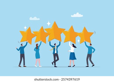 Employee survey, customer feedback rating or performance review, five stars service, best experience or feedback and engagement concept, business people employees holding 5 stars rating feedback.