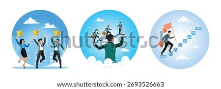 Employee surveys and performance reviews. Managers help and support employees to develop careers and achieve success. An entrepreneur completes business tasks and challenges to achieve success.