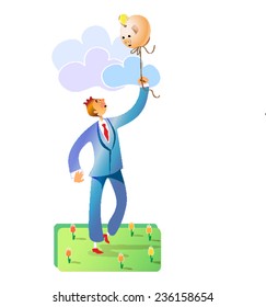 an employee takes a walk a piggy bank like a balloon