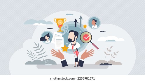 Employee talent management and career development tiny person concept. Professional job opportunity from company human resources vector illustration. Best successful sales leader with high ambitions.