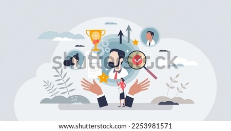 Employee talent management and career development tiny person concept. Professional job opportunity from company human resources vector illustration. Best successful sales leader with high ambitions.