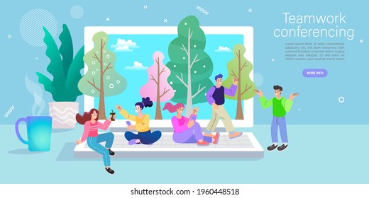 Employee talk on video call on laptop with diverse colleagues. video conferencing at home woman having video call meeting with clients at home. Vector Illustrations flat design.