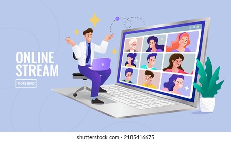 Employee talk on video call on laptop with diverse colleagues. video conferencing at home man having video call meeting with clients at home. Online work from home. man working with his team.