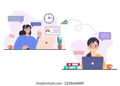 Employee talk on video call on laptop, work from home job. women Looking at Computer Screen and Talking with Colleagues Online