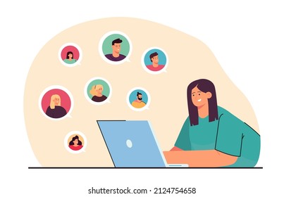 Employee talking to colleagues or friends during online meeting. Woman working on laptop from home flat vector illustration. Communication, remote or distance work concept for banner or website design