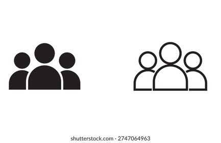 Employee team icon. Three simple outline illustrations showing groups of people in different line weights, representing teamwork, community, and corporate structure concepts.