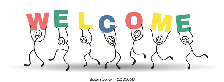 Employee team. Office welcome banner. People career. New education hire. Business sign for reception. Happy persons hold greeting letters. Line human figures. Vector tidy cartoon concept